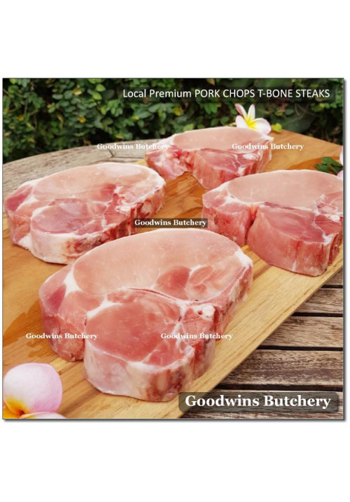 Pork CHOP SKIN OFF T-BONE (with tenderloin) 3/4" 2cm frozen Local Premium (price/pack 700g 2pcs)